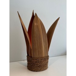 Lampe de Table Palmier et Corde en Rotin, Travail Français, vers 1970