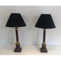 Paire de Lampes Néoclassiques en Métal Faux-Bois et Laiton, Travail Français, vers 1940