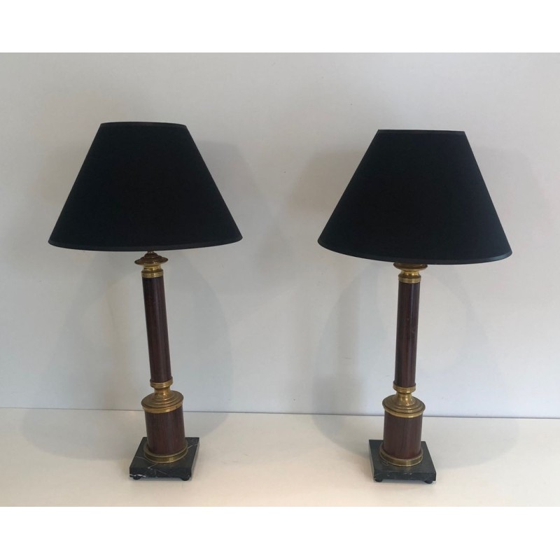 Paire de Lampes Néoclassiques en Métal Faux-Bois et Laiton, Travail Français, vers 1940