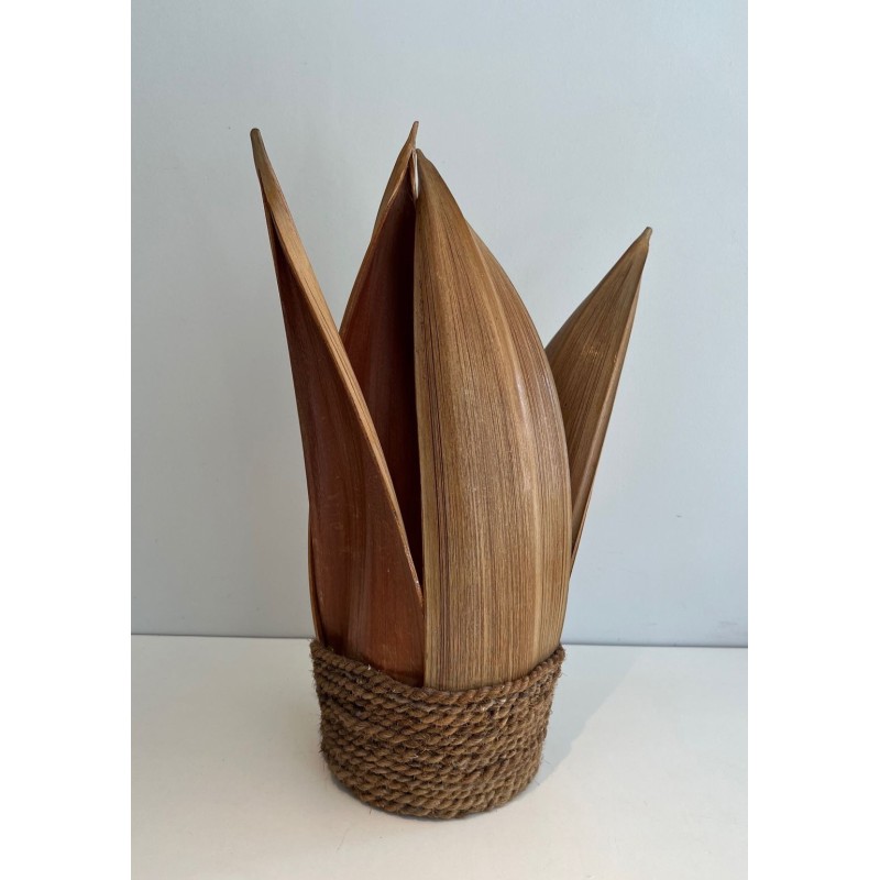 Lampe de Table Palmier et Corde en Rotin, Travail Français, vers 1970