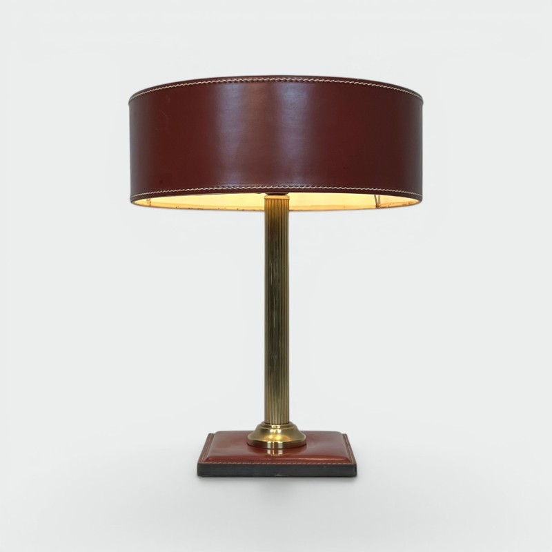 Desk Lamp Red Leather & Brass, Style Adnet, c.1970