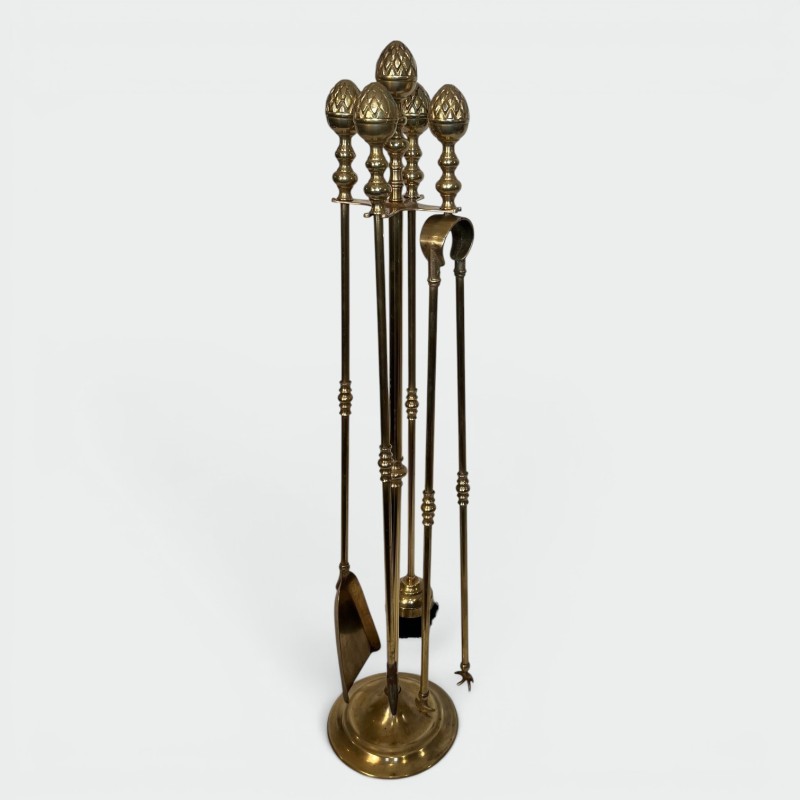 Grand Nécessaire de Cheminée en Laiton aux Pommes de Pin, dans le Goût de Baguès, vers 1970