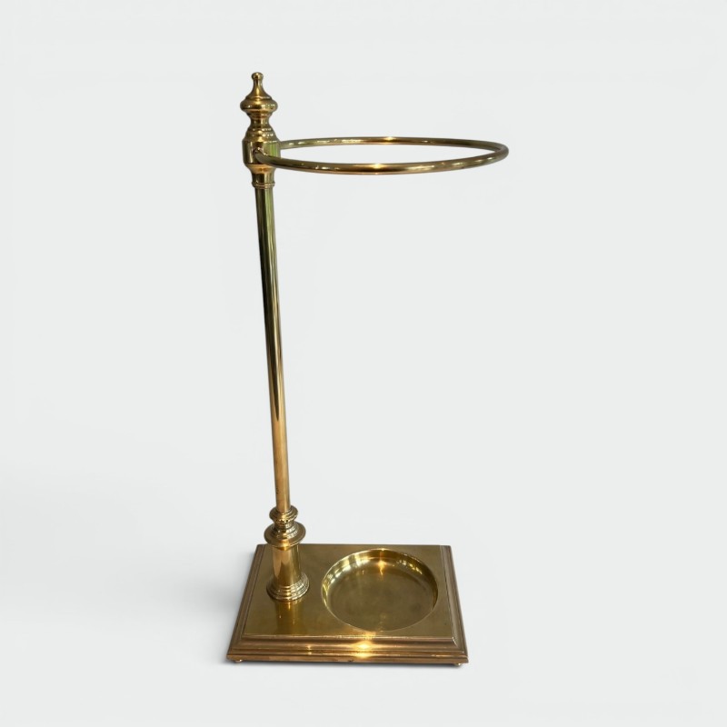 Neoclassical Brass Umbrella Stand with Ring Holder and Square Plinth Base, France, circa 1970