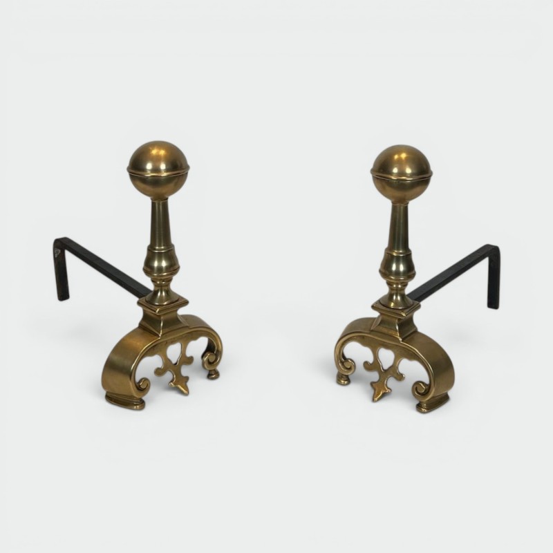Pair of Neoclassical Brass Andirons with Ball Finials and Ornate Scroll Bases, French circa 1900