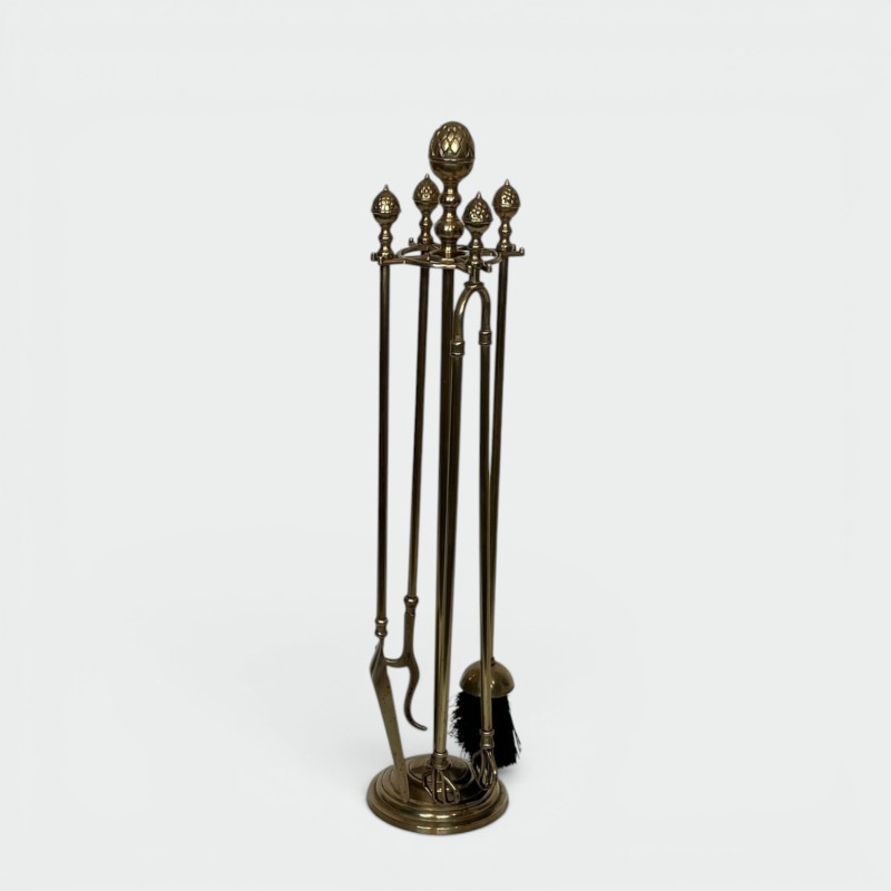 Nécessaire de Cheminée en Laiton aux Pommes de Pin, dans le Goût de la Maison Baguès, vers 1970
