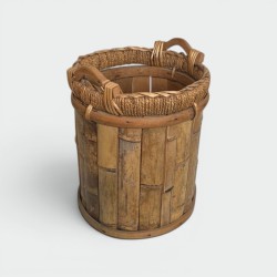 Corbeille à Papiers en Rotin et Laiton à Bord Tressé