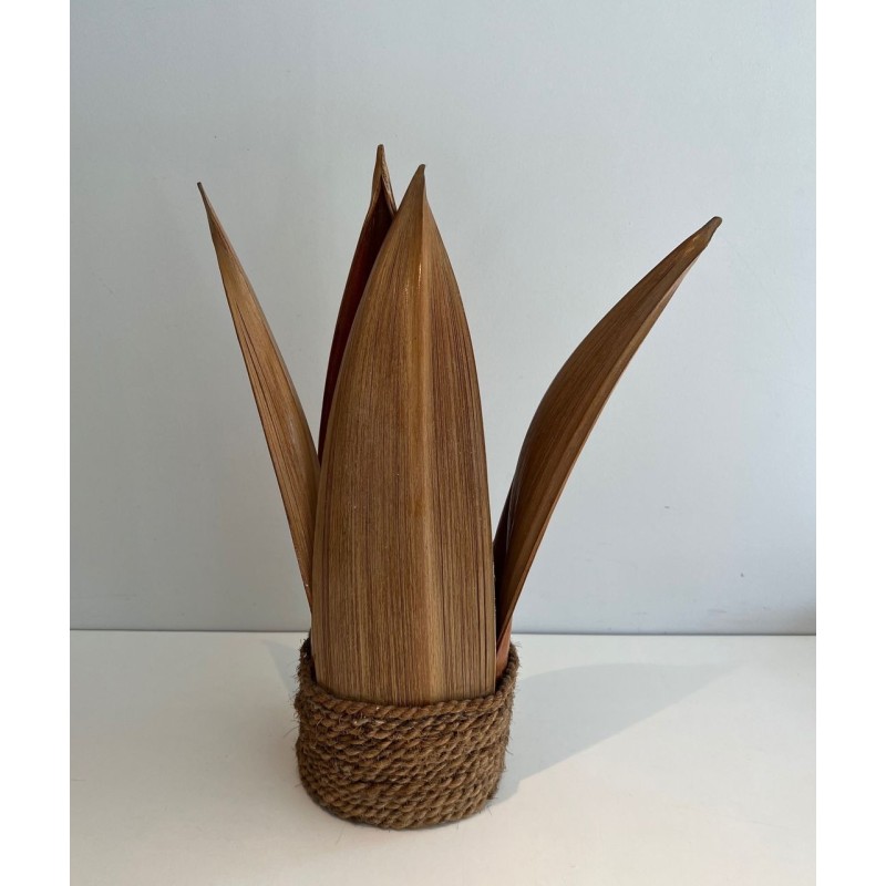 Lampe de Table Palmier et Corde en Rotin, Travail Français, vers 1970