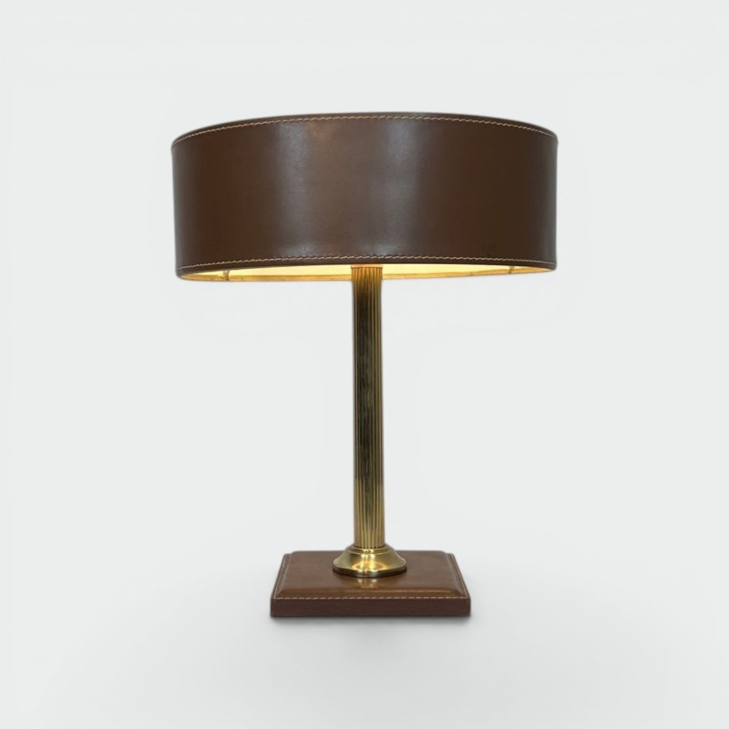 Lampe de Bureau en Cuir Marron et Laiton dans le Goût de Jacques Adnet