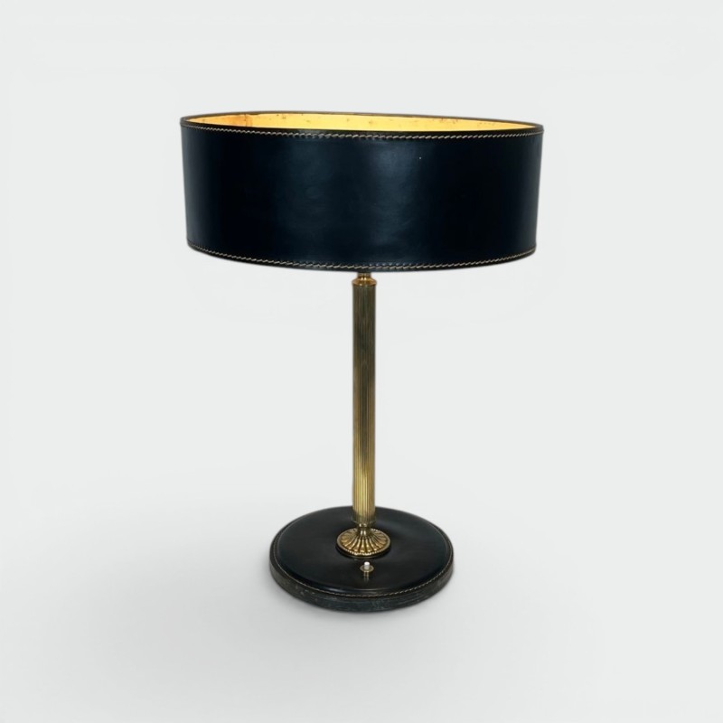 Black Leather and Brass Desk Lamp in the Style of Jacques Adnet