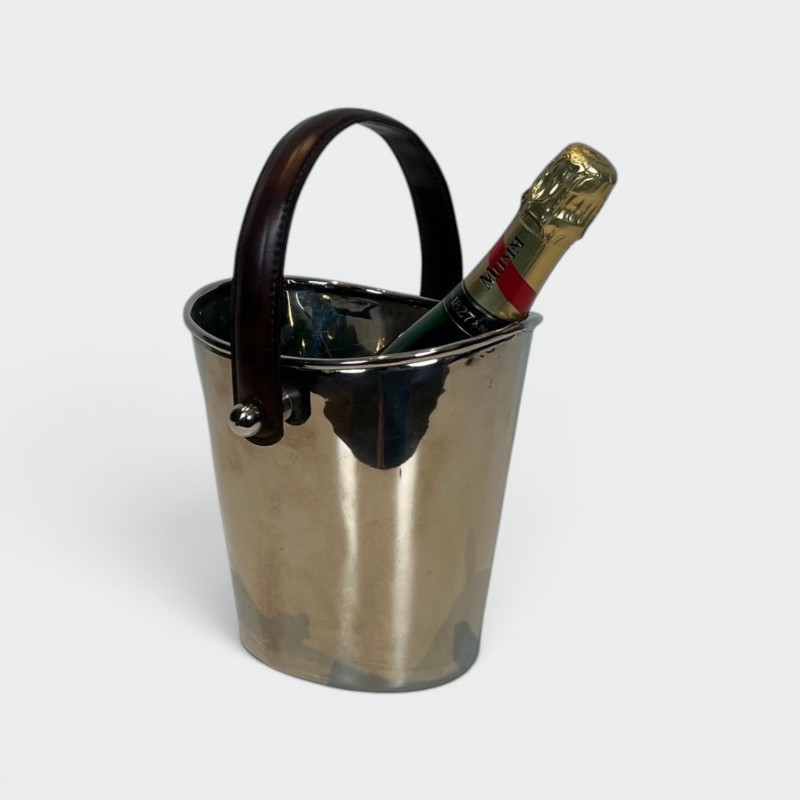 Seau à Champagne en Métal Argenté à Anse en Cuir, France, vers 1970