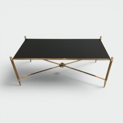 Neoclassical Brass Coffee Table with Black Lacquered Glass Top by Maison Jansen, French Work, circa 1940