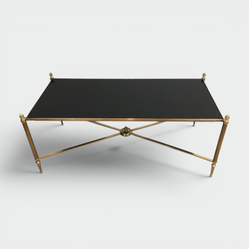 Table Basse Néoclassique en Laiton et Verre Laqué Noir, Maison Jansen, vers 1940