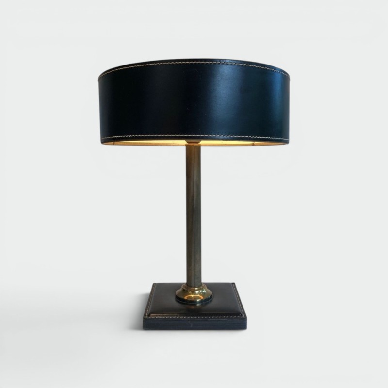 Black Leather and Brass Desk Lamp in the Style of Jacques Adnet, French Work, circa 1970