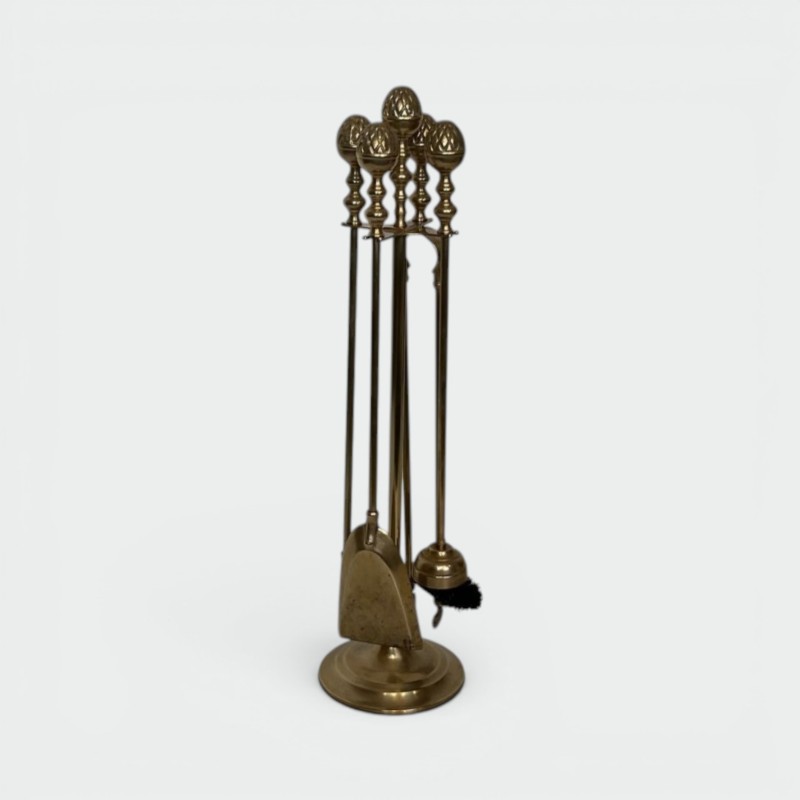 Nécessaire de Cheminée en Laiton aux Pommes de Pin, dans le Goût de la Maison Baguès, vers 1970