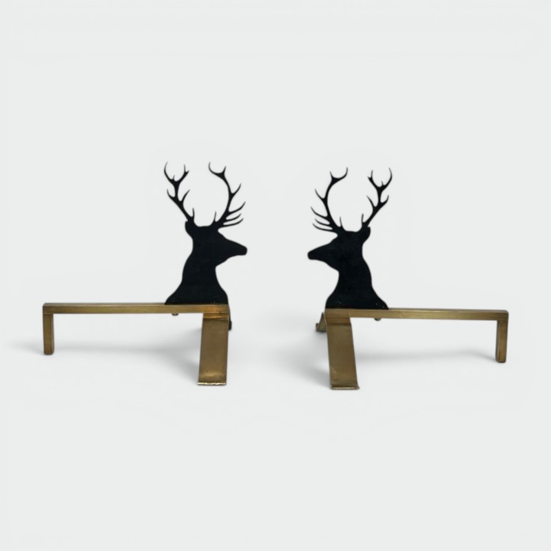 Paire de Chenets en Acier Laqué Noir et Laiton à Tête de Cerf, vers 1970