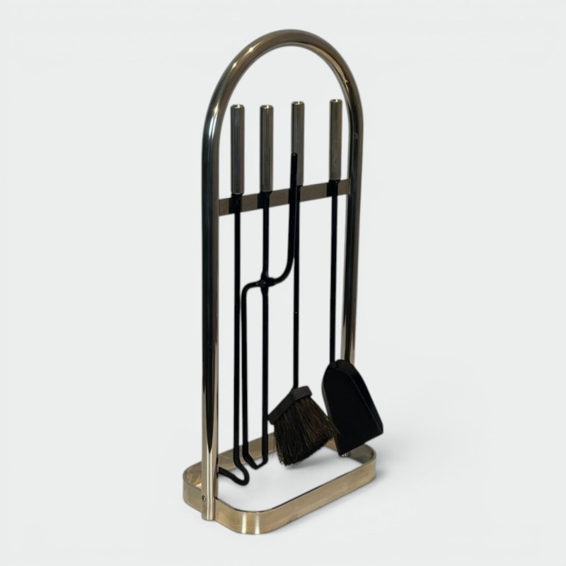 Nécessaire de Cheminée Moderniste en Métal Laqué Noir et Chrome, Cadre Arqué, vers 1970