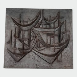 Plaque de Cheminée en Fonte « Les Voiliers », Signée Menemus, Fonderie Stern, vers 1970
