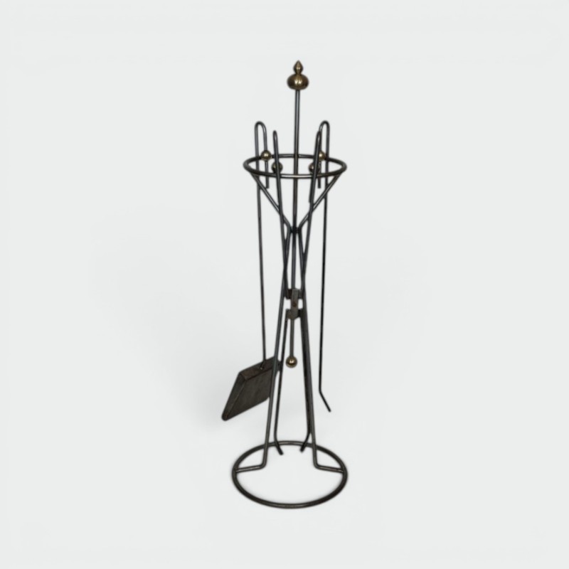 Nécessaire de Cheminée Moderniste en Acier Brossé et Laiton, vers 1970