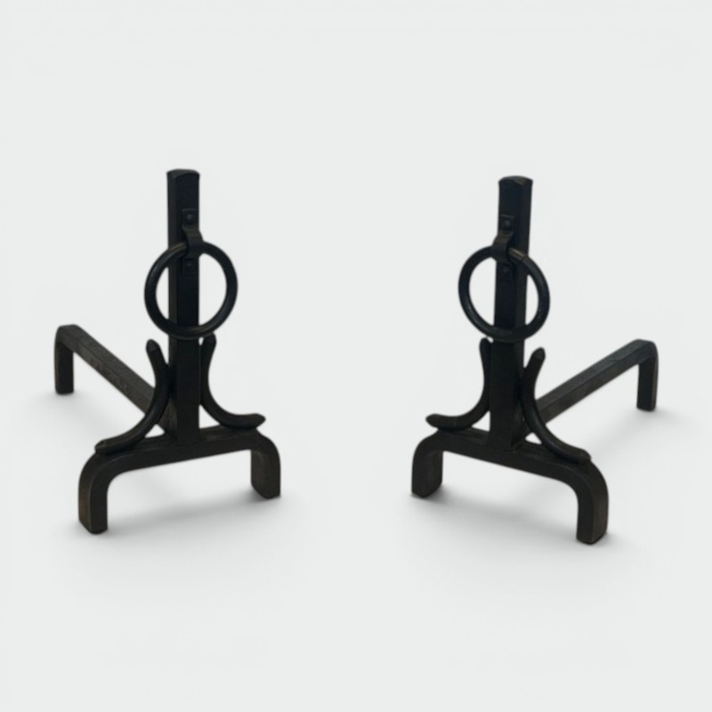 Pair of Modernist Wrought Iron Andirons with Ring Finials, in the Style of Jacques Adnet, circa 1950