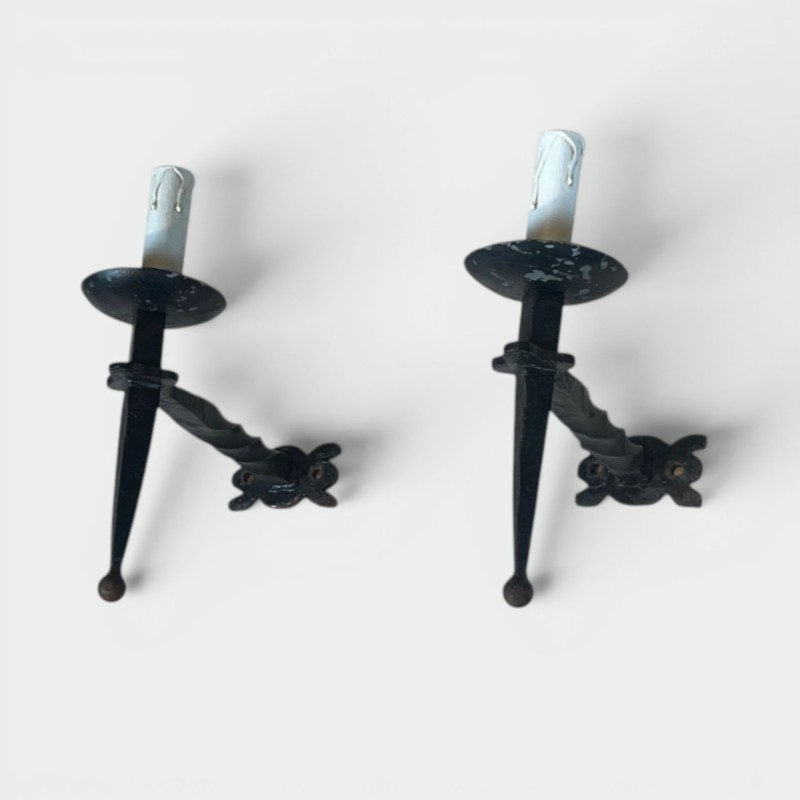 Pair of Gothic Style Wrought Iron Wall Lights