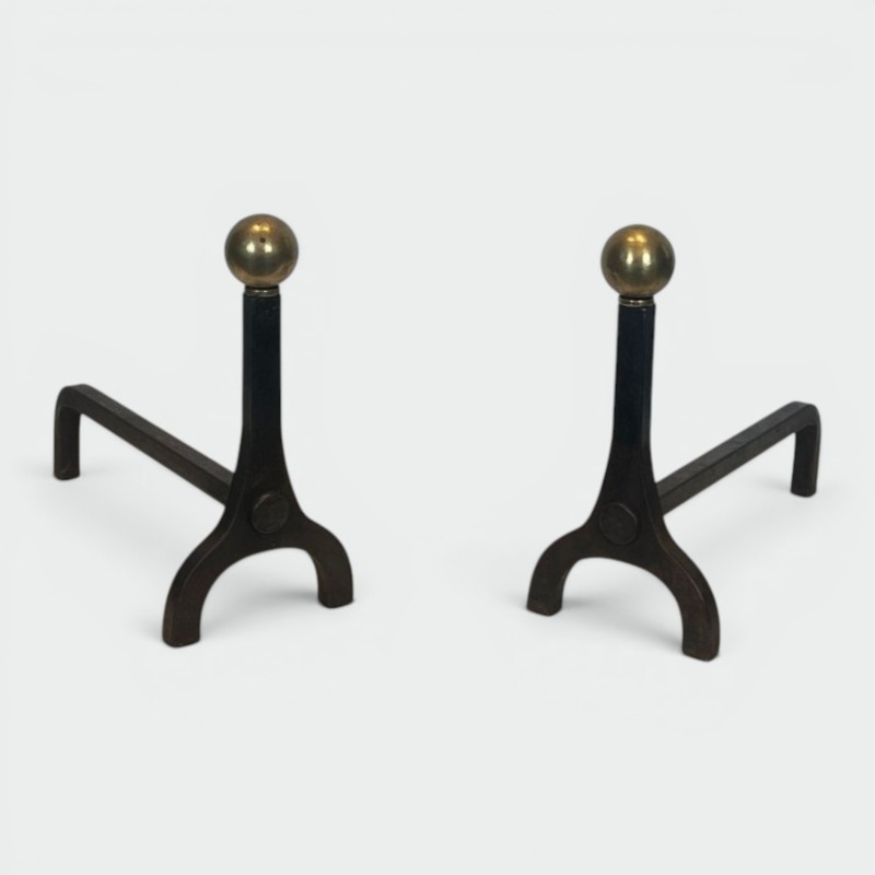 Pair of Modernist Steel and Brass Ball Finial Andirons by Jacques Adnet, French circa 1940