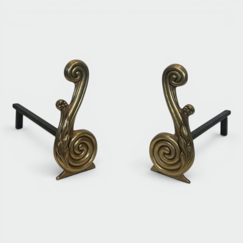 Paire de Chenets de Style Louis XVI en Bronze à Volutes, Signés Armor Din, vers 1940