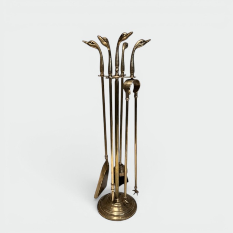 Brass Duck Head Fireplace Companion Set in the Style of Maison Jansen, French circa 1970