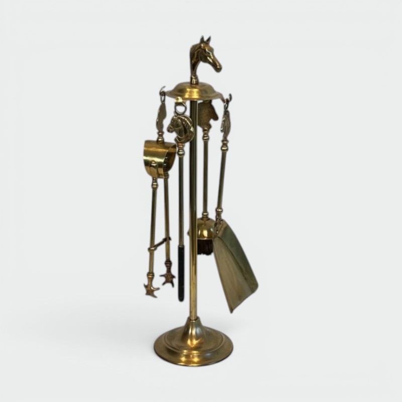 Neoclassical Brass Fireplace Companion Set with Horse Head Crown and Circular Gallery, circa 1950