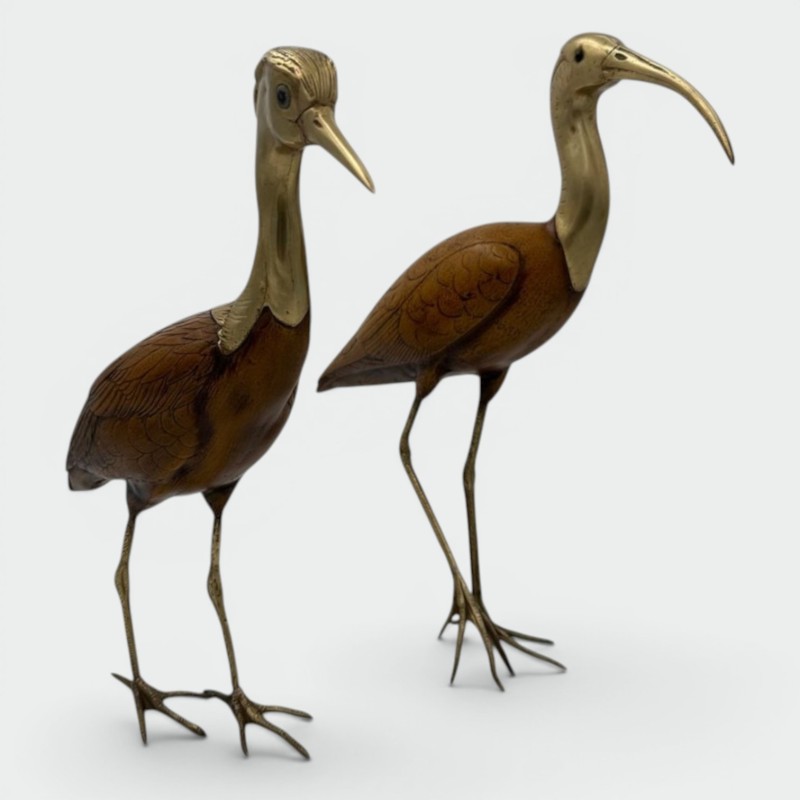 Paire de Hérons Sculptés en Bois et Laiton Cisélé