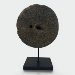 Antique Millstone Mounted as a Decorative Object on a Black Steel Stand