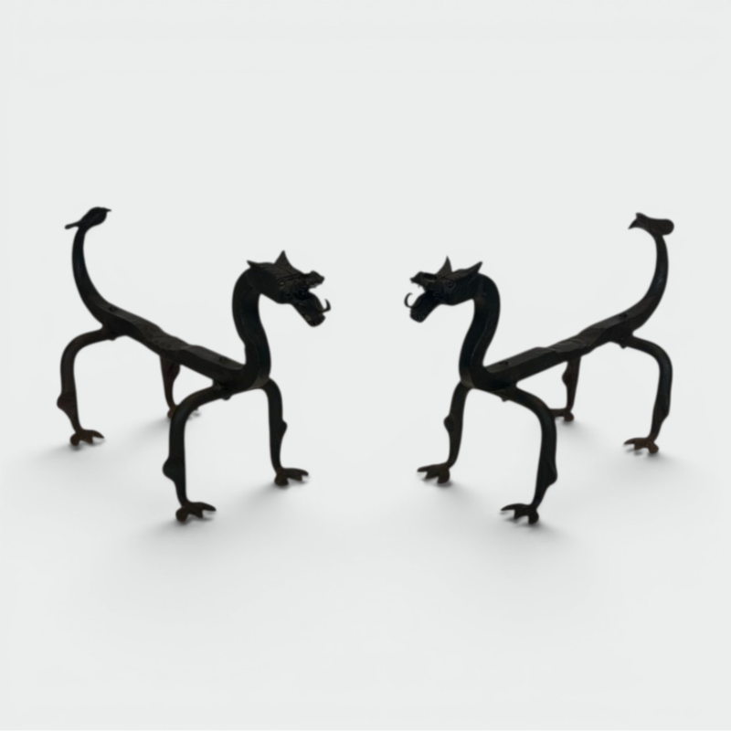 Pair of Wrought Iron Dragon Andirons, Heraldic Style, French circa 1940