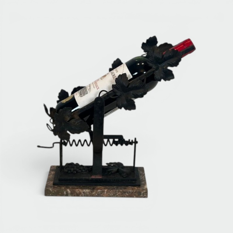 Wrought Iron Wine Decanting Cradle with Vine Leaf Décor on Marble Base, France, circa 1920
