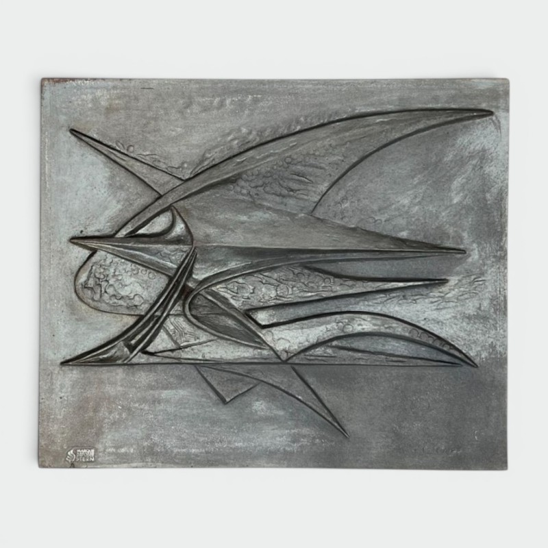 Plaque de Cheminée en Fonte Moderniste à Motif d’Oiseau Abstrait, Signée, Fonderie Stern, vers 1950