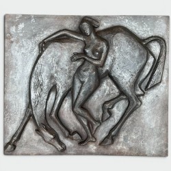 Large Cast Iron Fireback with Nude Woman and Horse, Art Deco Style, French circa 1970