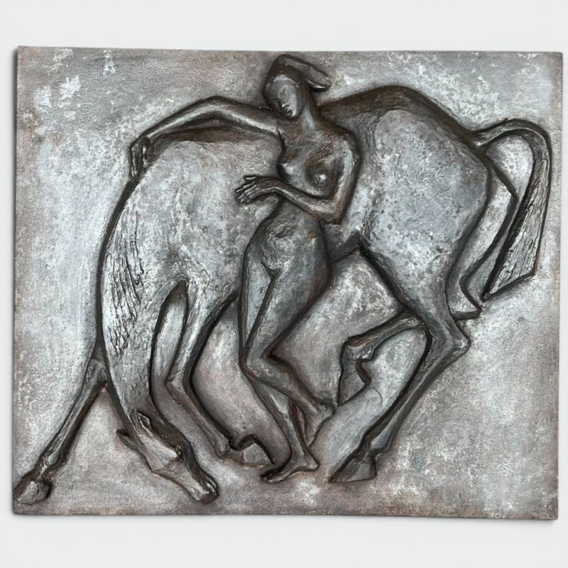 Large Cast Iron Fireback with Nude Woman and Horse, Art Deco Style, French circa 1970