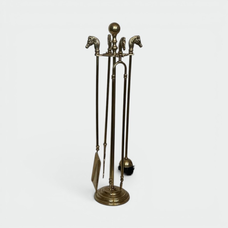 Neoclassical Brass Fireplace Companion Set with Horse Head Finials and Ball Finial Stand, circa 1950