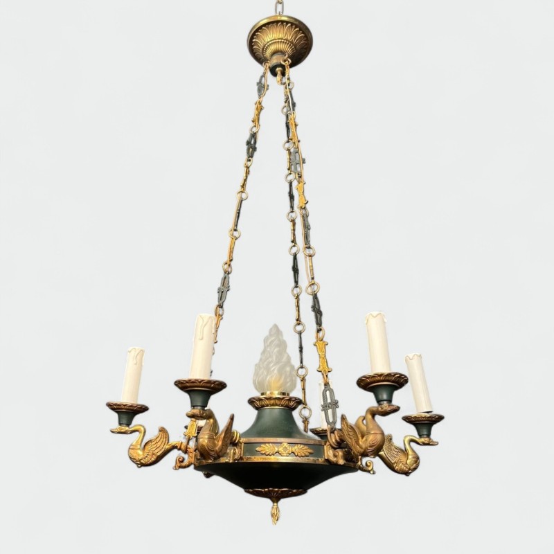 Empire Chandelier, Green Tôle & Gilt Bronze, French Work, circa 1920 – Maison BARROIS