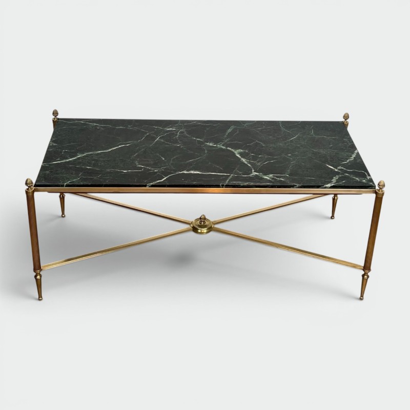Table Basse Néoclassique en Laiton et Marbre Vert, Maison Jansen, Travail Français, vers 1940