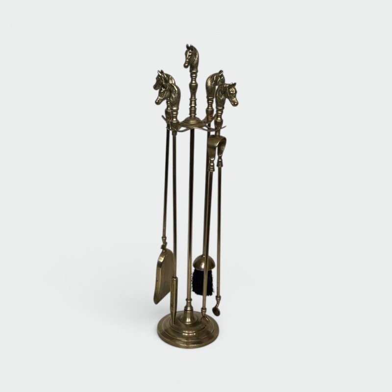 Nécessaire de Feu en Laiton à Têtes de Chevaux, Style Néoclassique, vers 1950