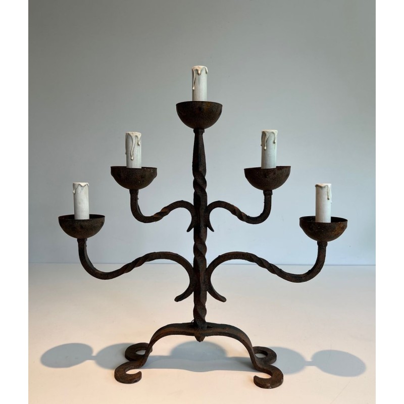 Candélabre en Fer Forgé à Cinq Bras de Lumière, Travail Français, vers 1950