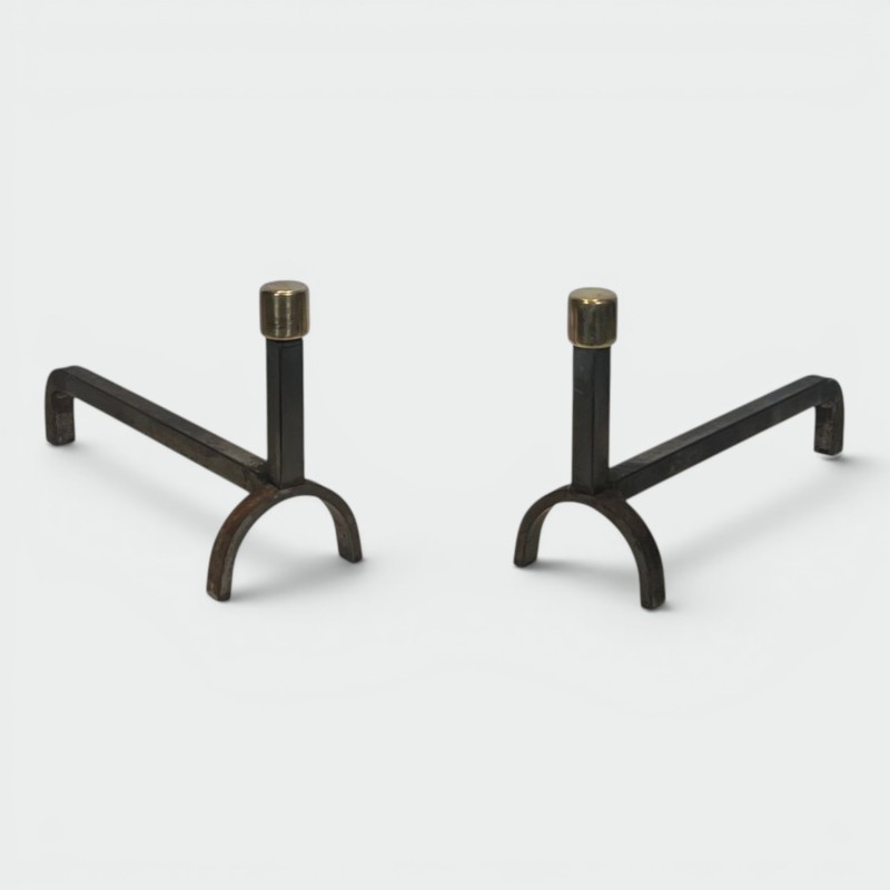 Pair of Modernist Wrought Iron and Brass Andirons with Forked Uprights, French circa 1970