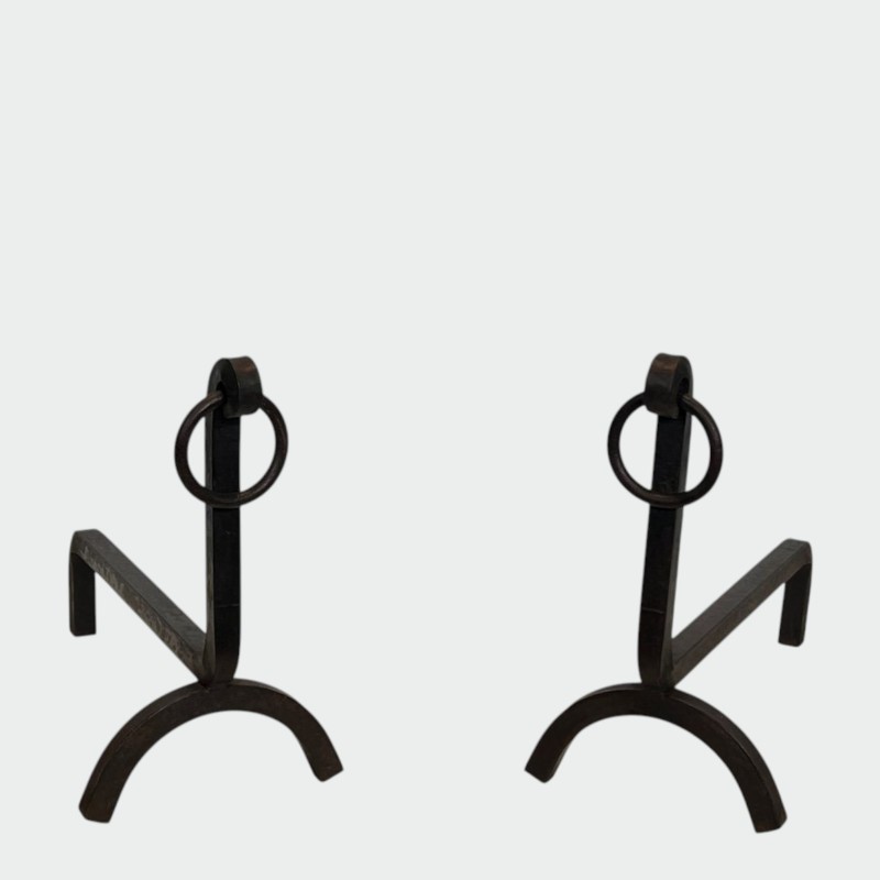 Pair of Modernist Wrought Iron Andirons with Ring Finials, French, circa 1940