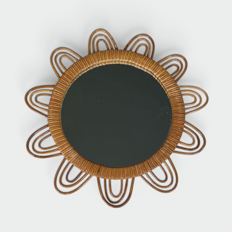 Flower-Shaped Looped Rattan Wall Mirror — French Work, Circa 1970