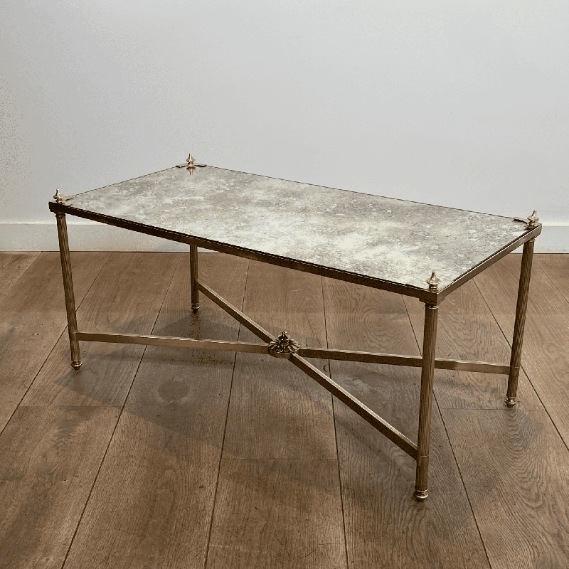 Rectangular Coffee Table in Brass with Aged Mirror Top, Co | Maison Barrois
