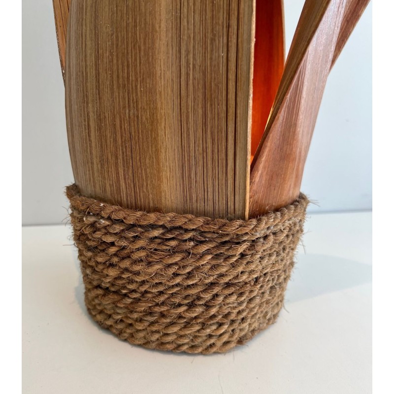 Lampe de Table Palmier et Corde en Rotin, Travail Français, vers 1970