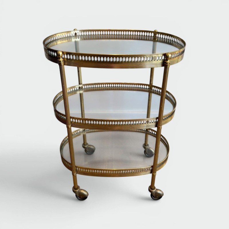 Oval Bar Cart in Gilt Brass with Three Glass Tiers and Ope | Maison Barrois