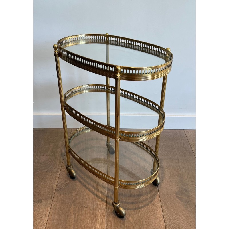 Oval Bar Cart in Gilt Brass with Three Glass Tiers and Ope | Maison Barrois