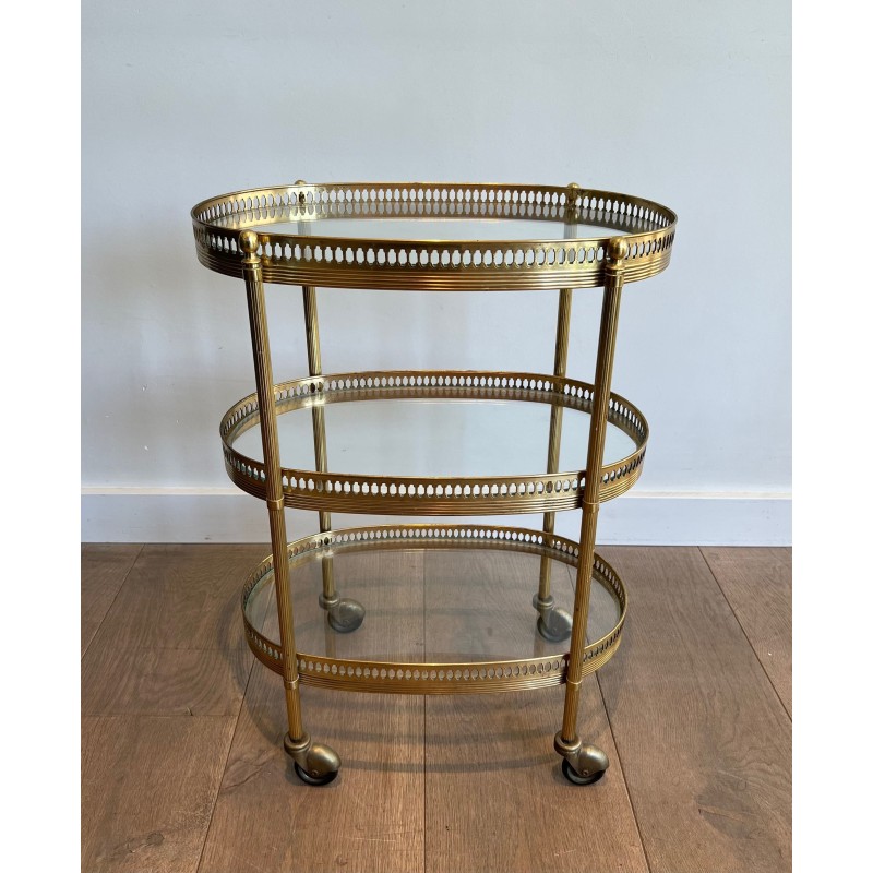 Oval Bar Cart in Gilt Brass with Three Glass Tiers and Ope | Maison Barrois