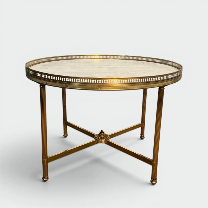 Round Neoclassical Brass Coffee Table with Openwork Galler | Maison Barrois