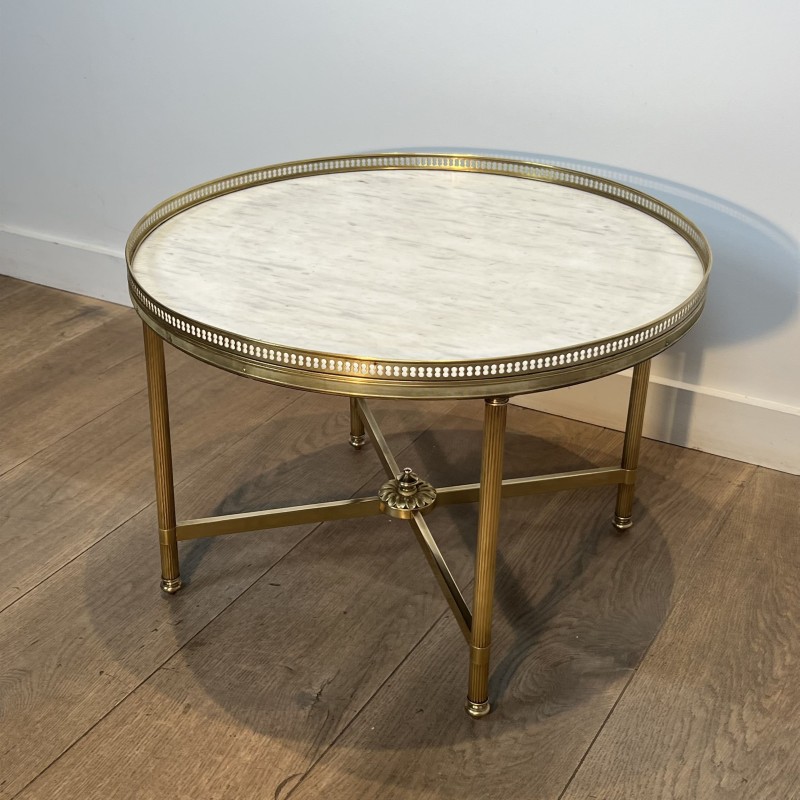Round Neoclassical Brass Coffee Table with Openwork Galler | Maison Barrois